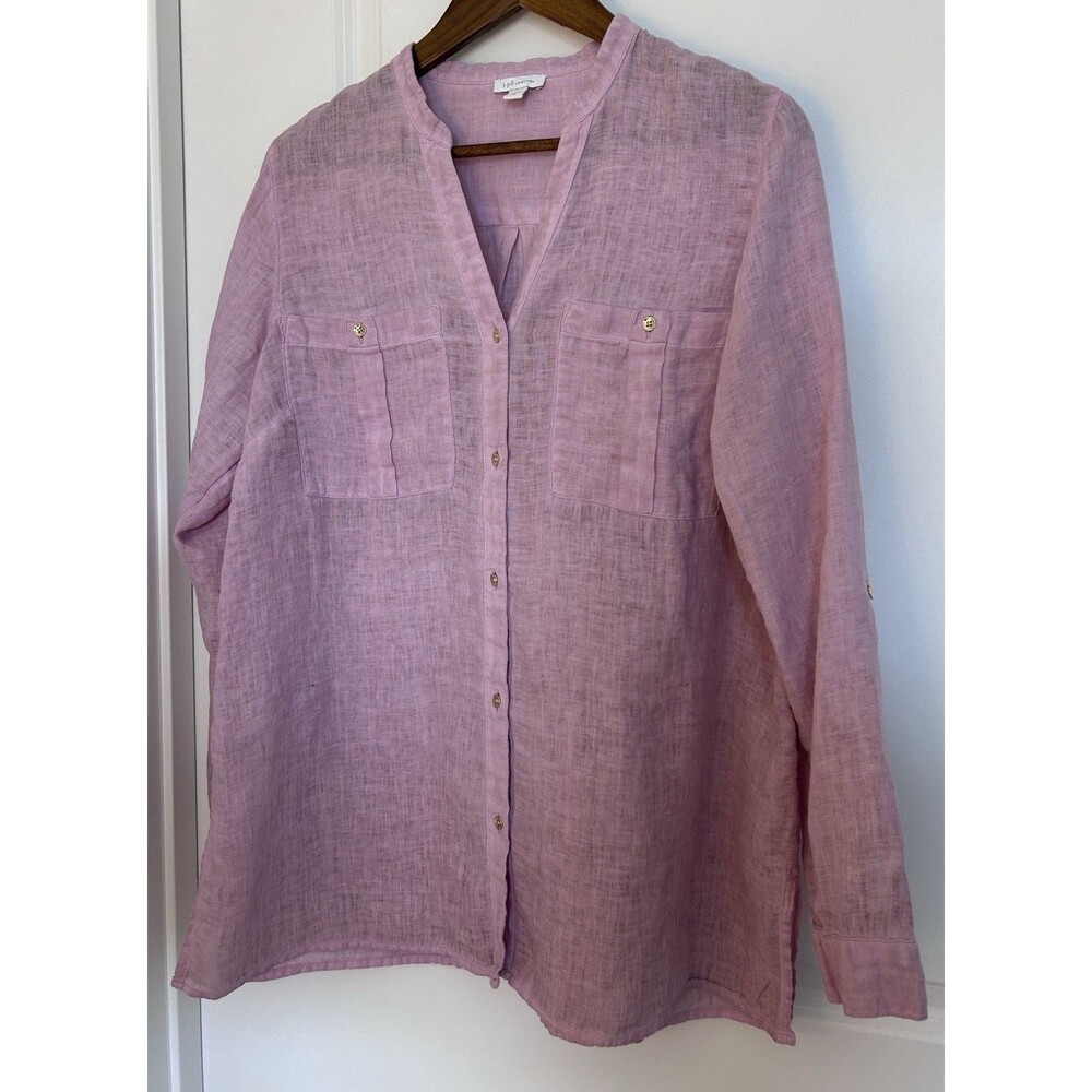 J. Jill Love Linen Shirt M Pink 100% Linen Button Front Tunic Casual Lightweight - Picture 2 of 14